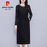 皮爾卡丹蕾絲亮片假兩件長袖連衣裙大l碼女裝胖mm修身顯瘦黑色春秋新款裙 黑色 L