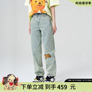 LALABOBO純棉小熊牛仔褲女2025新款美式復(fù)古高腰寬松哈倫長(zhǎng)褲子RBEA-ZC16 中藍(lán)白 常規(guī) 25