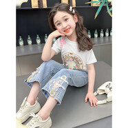迪士尼女童牛仔褲新中式兒童春夏款喇叭褲國風(fēng)T恤2025新款寶寶洋氣褲子 國風(fēng)牛仔褲 90 cm