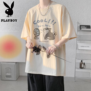 花花公子300G重磅純棉短袖T恤男夏季大碼寬松半袖情侶體恤卡通打底衫潮流 卡其色 M 【建議105-120斤】