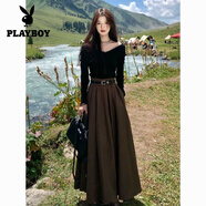 花花公子（PLAYBOY）復古西裝半身裙女春秋2025新款高腰顯瘦口袋百褶裙大擺A字長(cháng)裙子 咖色【送腰帶】裙長(cháng)80小個(gè)子 L 建議110-125斤