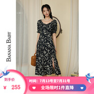 香蕉寶貝（BANANA BABY）2024夏季新款度假風(fēng)碎花連衣裙女一字肩v領(lǐng)印花中長(zhǎng)裙D242LY944 黑花 S