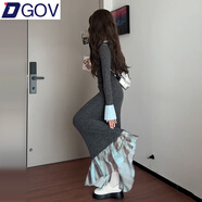 DGOV法式灰色拼接針織連衣裙子女2025新款秋季連衣裙甜美收腰包臀長裙 【灰色】不含裙擺zt S 【80-95斤】