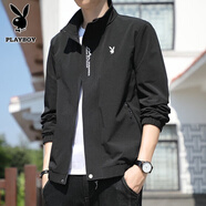 花花公子（PLAYBOY）夾克男外套上衣男士春秋季新款純色棒球服立領(lǐng)休閑百搭茄克衫 黑色 2XL （建議130斤-145斤）