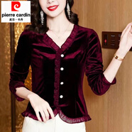 皮爾卡丹2025秋季新款女士修身顯瘦小衫氣質(zhì)洋氣襯衫黑色金絲絨感上衣 酒紅色 XL 建議115-125斤