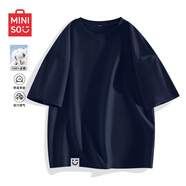 名創(chuàng)優(yōu)品（MINISO）夏季短袖t恤男藏青美式潮流涂鴉半袖男生大碼重磅純棉休閑體恤衫 【100%純棉】藏青(m45墨灰笑臉右下B標) 4XL (體重205-230斤)