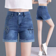 夕楠夏季新款彈力直筒高腰牛仔短褲女寬松顯瘦百搭韓版破洞a字褲 698拉鏈款 31 /2.4尺建議135斤左右