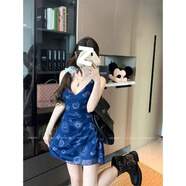 瑜尚臻品法式藍色碎花吊帶背心連衣裙子女夏季2025新款海邊度假風(fēng)絕美裙 辣妹收腰裙【藏青 短款 】 M