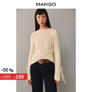 MANGO年中折扣女裝毛針織衫2025秋裝新款羅紋圓領(lǐng)袖口系帶設(shè)計針織衫 淡米色 M