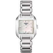 天梭（TISSOT）瑞士海浪系列手表女士手表小方表T02.1.225.51 白色鑲鉆鋼帶
