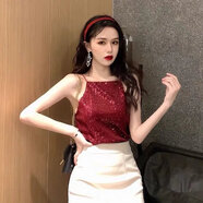MGOLCPS亮片超閃chic吊帶外穿女顯瘦性感夜店蹦迪短款背心上衣2025年夏季 酒紅色 均碼 彈力均碼(建議75-120斤)