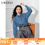 lagogo小馬刺繡牛仔襯衫女拉谷谷春秋新款元氣疊穿外套顯瘦上衣 深牛仔藍(N2) M