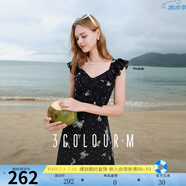 三彩2025夏季新款蝴蝶波點(diǎn)連衣裙荷葉邊魚(yú)尾裙浪漫長(cháng)裙M 黑米花卉 S 155/80A