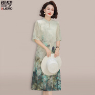 詩(shī)迦努中年媽媽夏日端莊大氣雪紡連衣裙2025新款中老年人國風(fēng)裙子女夏裝 綠色 2XL _(適合106-120斤)