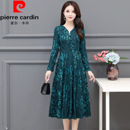 皮爾卡丹（pierre cardin）春秋季網(wǎng)紅提花長(cháng)裙女?huà)寢屟b大碼V領(lǐng)長(cháng)袖連衣裙中年中長(cháng)大擺裙 孔雀藍 2XL 105-120斤