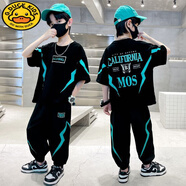 G.DUCKKIDS男童夏裝套裝2024新款中大童寬松薄款夏季男孩運(yùn)動(dòng)短袖套裝兒童潮 黑藍(lán)色 閃電套裝 150 cm