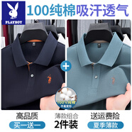 花花公子高端100%純棉t恤男士2025夏季Polo衫短袖翻領(lǐng)寬松爸爸裝全棉體恤 深藍(lán)+淺藍(lán)【純棉兩件裝】 2XL 體重150-168斤
