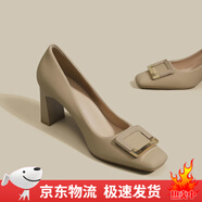 秋季鞋子女裸色方扣粗跟高跟鞋女不累腳2025新款百搭方頭單 杏色 6cm 升級版 36