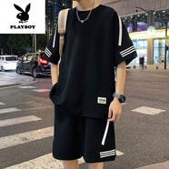 花花公子（PLAYBOY）休閑運(yùn)動(dòng)套裝男2025夏季短袖t恤半袖體恤青少年一套衣服帥氣搭配 FKS653黑色 M 【90-110斤】