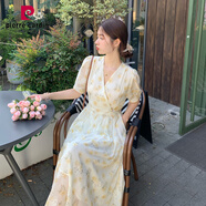 皮爾卡丹（pierre cardin）刺繡雪紡連衣裙子女裝2025夏季女長身裙高級感茶歇法式顯瘦氣質(zhì) 米黃色 S 85-95斤