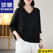 羅蒙（ROMON）純棉加肥加大碼寬松長(cháng)袖V領(lǐng)T恤衫胖mm顯瘦遮肚印花打底衫上衣 官方旗艦黑色純色 XL 建議120-135斤