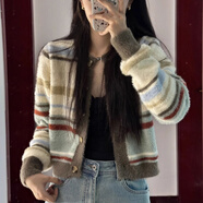 南糖三色彩色條紋針織毛衣女秋季2025新款日系復(fù)古慵懶風(fēng)短款開衫上衣外套 彩色條紋 S 建議80-95斤
