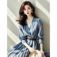 羅蒙條紋襯衫連衣裙女2025早秋新款女裝小眾不撞款超好看v領(lǐng)收腰藍色 藍色【送腰帶】 M 【建議95-105斤】