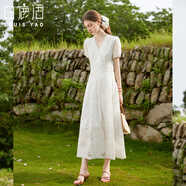 白鹿語V領(lǐng)花邊拼接A字裙2025夏季新款氣質(zhì)提花拼接長款連衣裙 白色  XL 