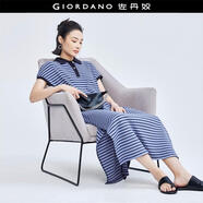 佐丹奴裙子女夏季新款彈力棉撞色條紋開(kāi)叉連袖polo連衣裙18464920 02藍(lán)色條紋 S