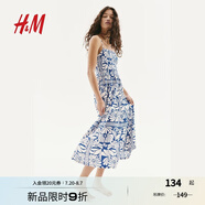 H&M女裝連衣裙2025年夏季新款時尚潮流舒適縮褶吊帶連衣裙1283256 藍色/白色圖案 L 170/104