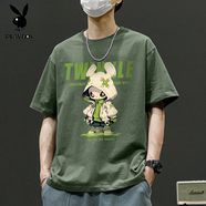 花花公子（PLAYBOY）美式重磅純棉短袖T恤男2025夏季潮牌復古寬松打底衫半袖男款 軍綠 潮牌熊貓_B_前正中 S 【體重90-100斤】