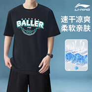 李寧（LI-NING）短袖T恤夏潮流印花情侶男女同款半袖跑步健身籃球運(yùn)動(dòng)上衣文化衫 經(jīng)典黑-速干透氣/時(shí)尚百搭 S 90-100斤