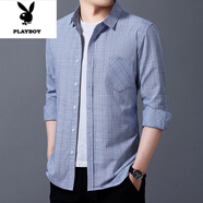 花花公子（PLAYBOY）中年男士棉麻長袖襯衫百搭春秋季薄款寬松大碼爸爸裝襯衣休閑百搭 2012款 藍色 S 165/39碼【100-120斤】
