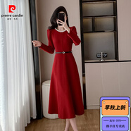 皮爾卡丹（pierre cardin）名媛氣質(zhì)修身收腰顯瘦長袖珍珠洋裝洋派紅色晚禮服結(jié)婚訂婚 紅色 高質(zhì)量 送腰帶 S