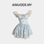 AINUOER.MY櫻織花刺繡花卉公主甜美風(fēng)微胖顯瘦小飛袖溫柔碎花短款短袖連衣裙 藍(lán)色飛飛袖短款連衣裙 M