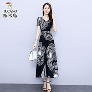 啄木鳥(niǎo)新款夏季冰絲連衣裙高端雪紡長(zhǎng)裙中年媽媽dress2025 黑色《時(shí)尚網(wǎng)紅休閑正式場(chǎng)合氣場(chǎng) M
