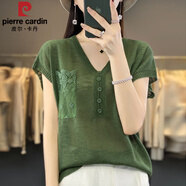 皮爾卡丹（pierre cardin）天絲亞麻冰絲針織短袖t恤女夏季洋氣時(shí)尚百搭減齡別致薄款上衣 松石綠 4XL (155-170斤)