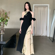 自語（ZIYU）熱巴同款ONMOON 新中式國風(fēng)書法拼色連衣裙收腰盤扣旗袍裙女 印花連衣裙 M
