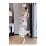 冰絲裙褲女夏季薄款2025新款高腰垂感七分小個(gè)子水墨畫(huà)國(guó)風(fēng)闊腿褲 碧綠花 XS 【建議70-85斤】