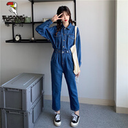 啄木鳥(niǎo)牛仔連體褲女春秋韓版高腰顯瘦氣質(zhì)長(cháng)袖連衣褲休閑時(shí)髦工裝套裝女 修身圖片色修/身 S