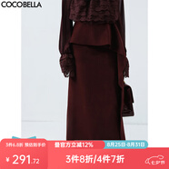 COCOBELLA[安可拉紅]不對稱(chēng)荷葉邊半身裙女冬毛呢長(cháng)裙HS3091 安可拉紅 L