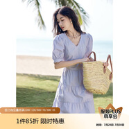 茵曼（INMAN）夏季法式花邊女裝V領(lǐng)連衣裙小清新甜美風(fēng)泡泡袖長(zhǎng)裙子 紫荊粉 M