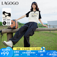 lagogo撞色翻領(lǐng)短袖T恤女拉谷谷春季新款休閑透氣插肩短款上衣 米黑(TW) S