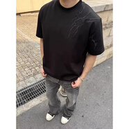 Shelley Jones藏青色閃電刺繡短袖t恤男款夏季顯肩寬半截袖cleanfit小領(lǐng)口體恤 黑色 L [推薦100-120斤]
