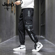 JEEP SPIRIT休閑褲男秋季工裝褲寬松大碼系帶束腳褲子 7716 黑色 XL