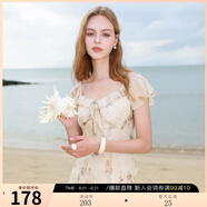 三彩2025夏季新款木耳邊荷葉袖蝴蝶印花雪紡連衣裙大擺長裙M 杏色花卉 L 165/88A