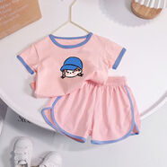 達圣派女童夏裝卡通套裝2025短袖新款寶寶衣服兒童休閑中小童短褲兩件套 粉色可愛(ài)頭像套裝 90
