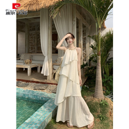 皮爾卡丹度假風(fēng)亮片掛脖連衣裙女夏季法式荷葉邊寬松露肩背心裙蛋糕長(cháng)裙子 連衣裙 S