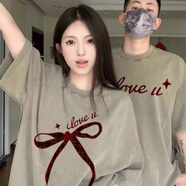 MFRO短袖情侶裝ins情侶裝夏季短袖棉印花寬松T恤韓版情侶短袖t恤上衣 LOVE蝴蝶結(jié)灰綠色兩件 XL 女/男XL