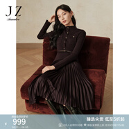 玖姿·安娜蔻秋冬曠野美拉德羊毛假兩件壓褶針織連衣裙女冬款 深咖啡-JTED31404 S